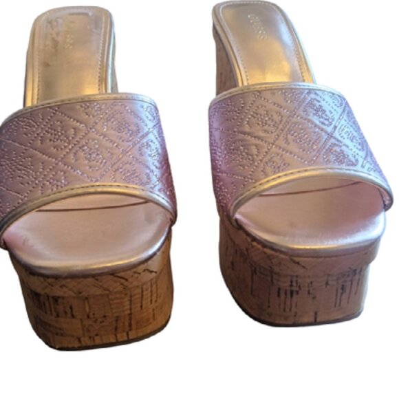Guess Size 7 Womens Cork Platform Wedge Heels with Pink Sparkle Logo - Picture 3 of 8